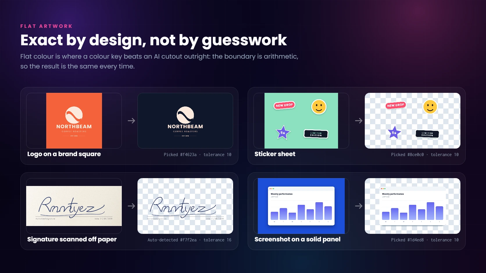 Four flat artwork cutouts: a logo lifted off its coral brand square, die-cut stickers off a mint sheet, an inked signature off scanned paper, and a screenshot off a solid blue panel