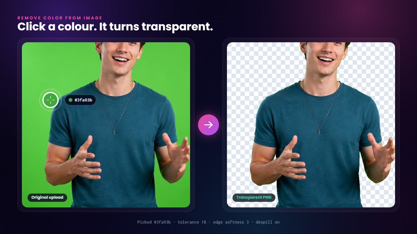 Studio photo on a green backdrop beside the same photo with the green removed to a transparent PNG