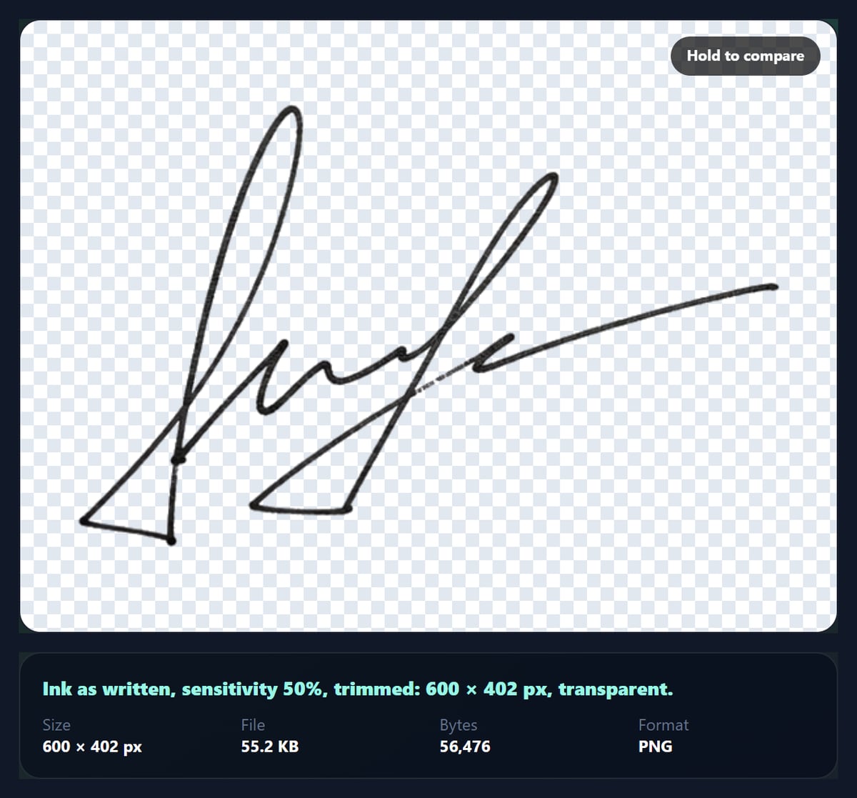 The signature background remover with a handwritten signature on a transparent checkerboard