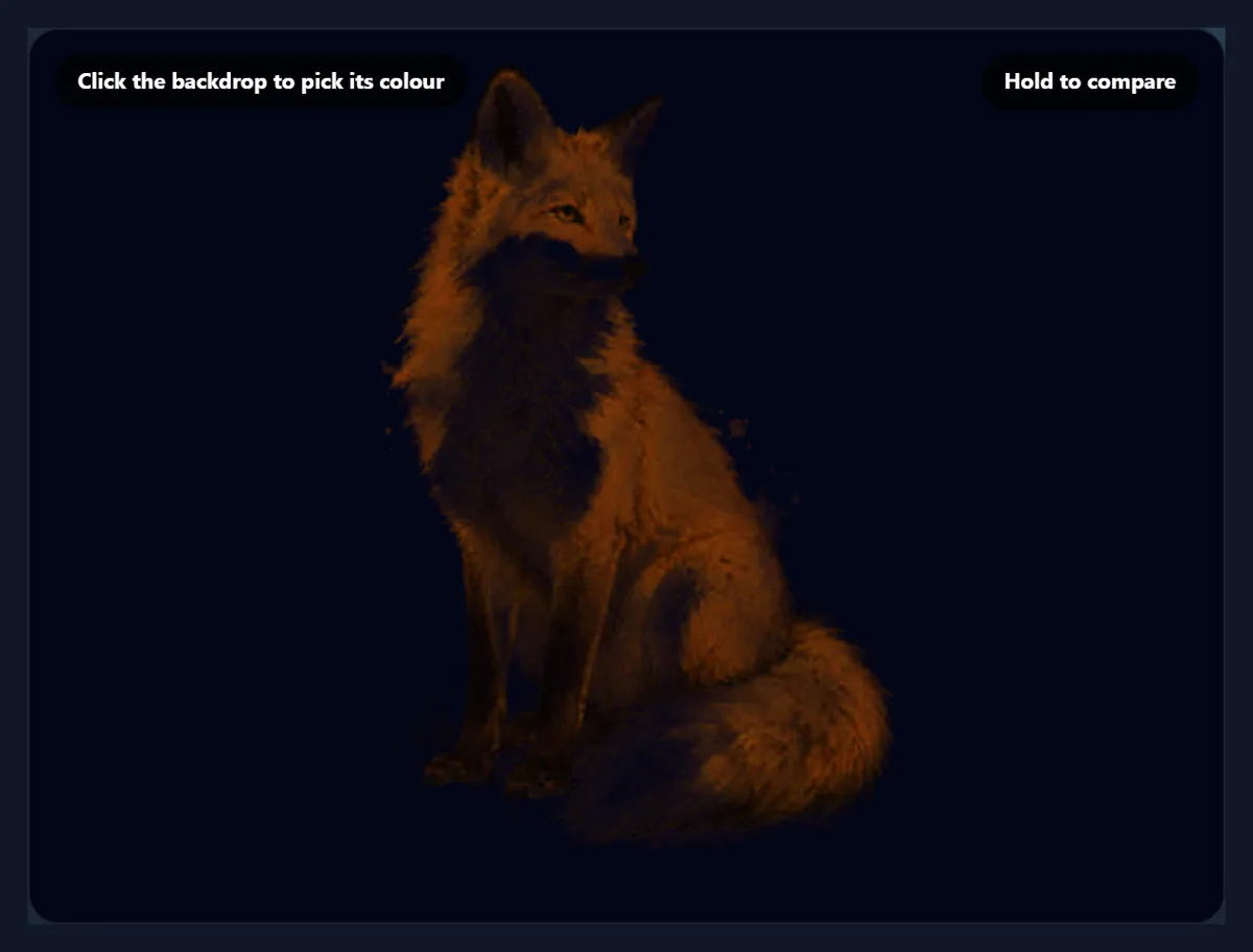 The fox drawing with Dark on white on dark, its white fur gone and its colours see-through