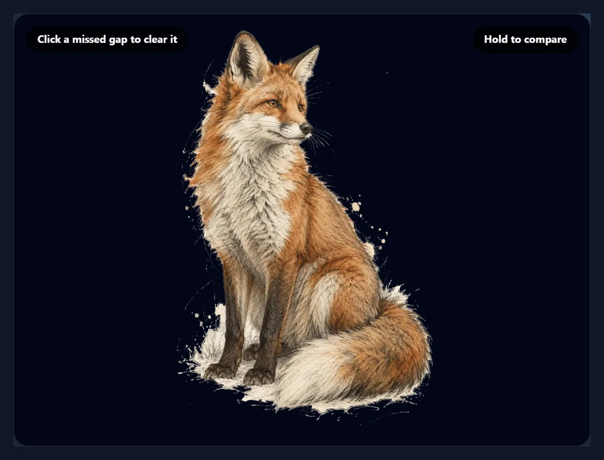 The fox drawing with Object on white on a dark background, the drawing solid and the paper gone