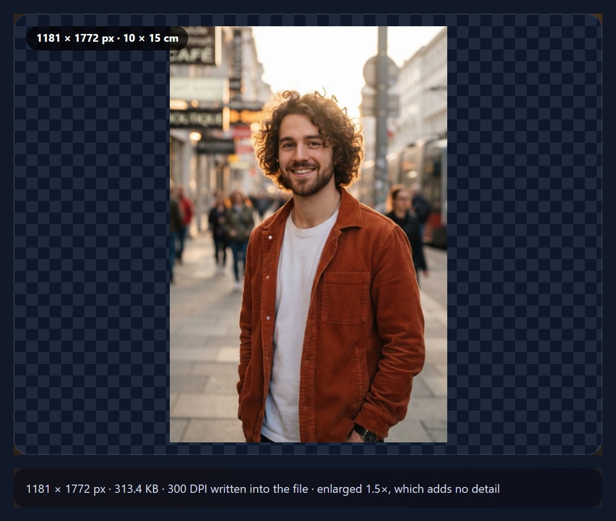 The resize tool setting a portrait to 10 by 15 centimetres at 300 DPI