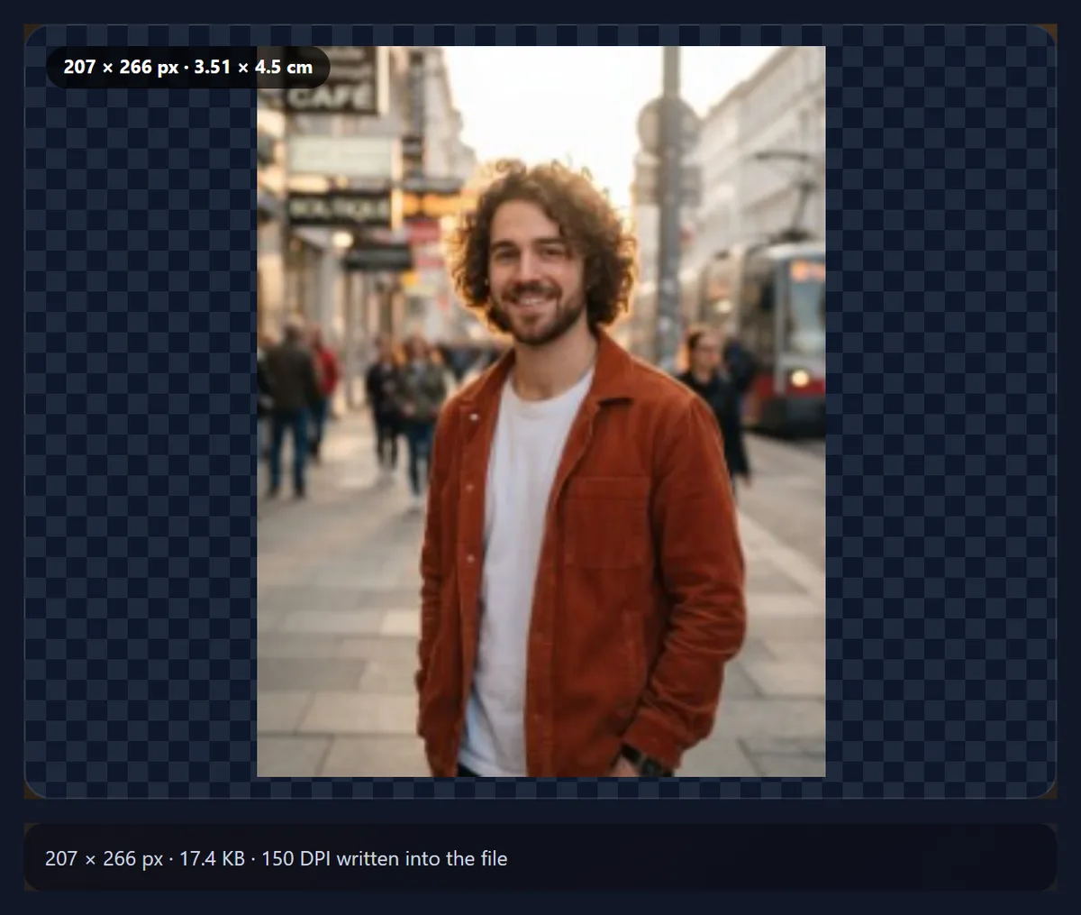 The resize tool producing a 3.5 by 4.5 cm image at 150 DPI