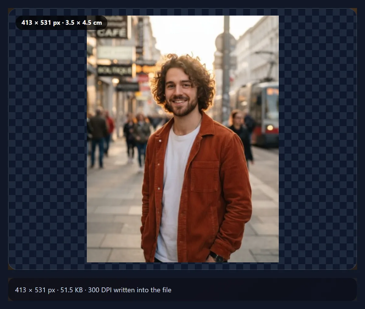 The resize tool at 3.5 by 4.5 centimetres and 300 DPI