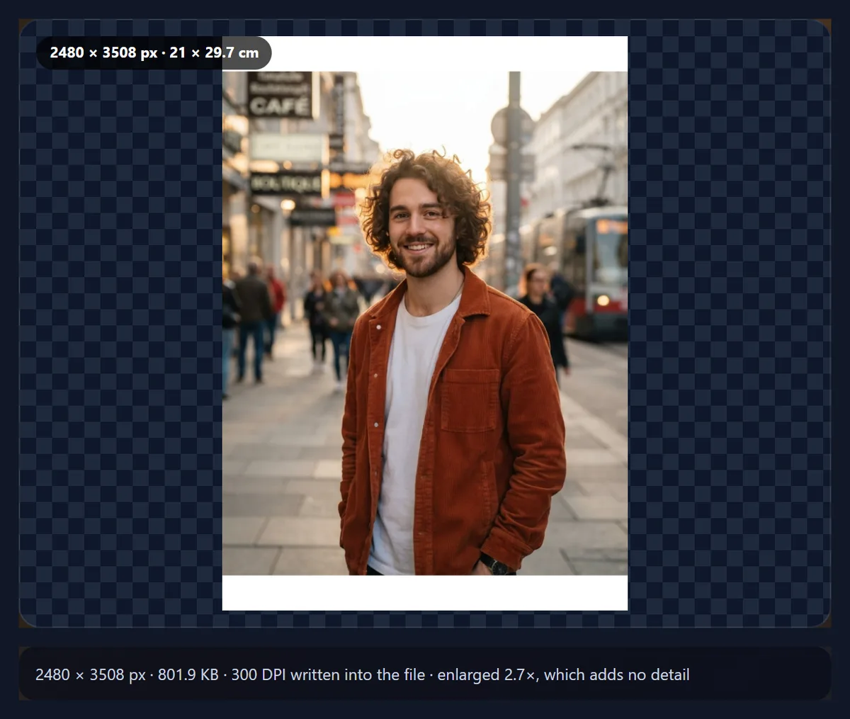 The resize tool fitting the portrait onto an A4 page at 300 DPI with a white border
