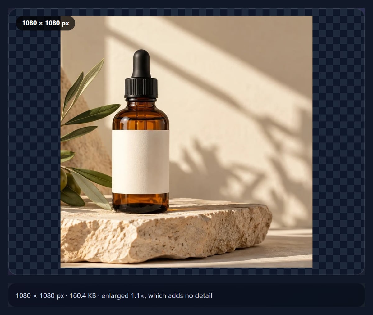 The resize tool turning the product photo into a 1080 by 1080 square