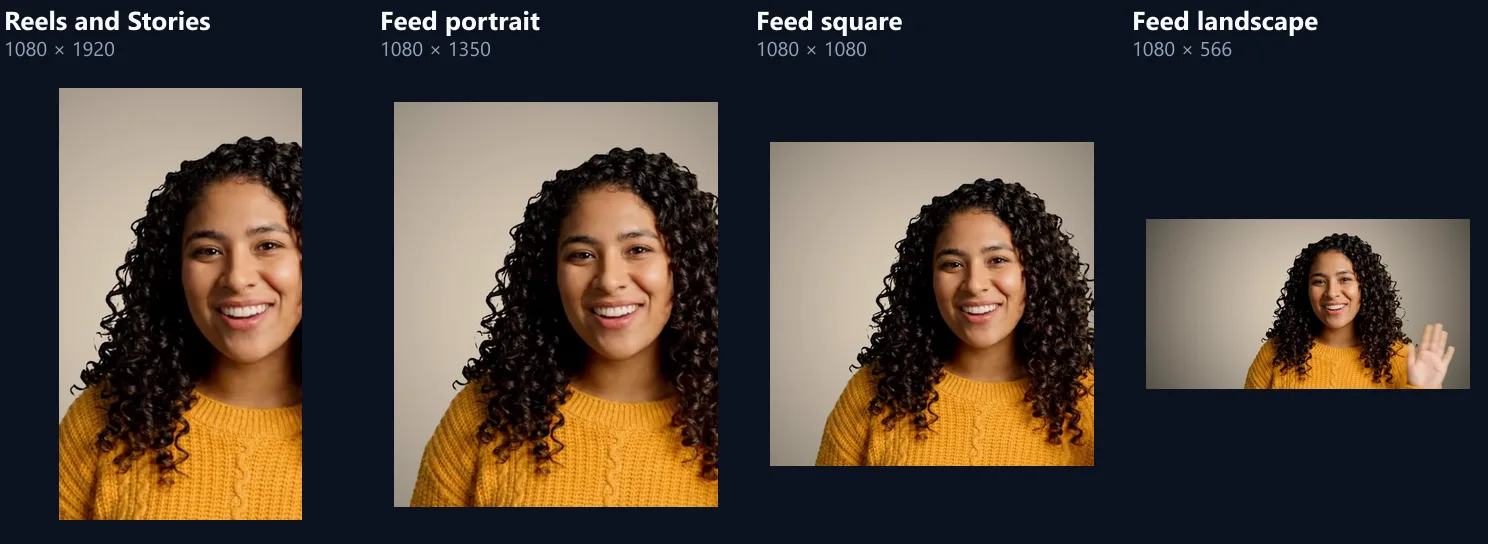 The same moment of the sample as a 9:16 Reel, a 4:5 portrait, a square and a landscape post, each filled