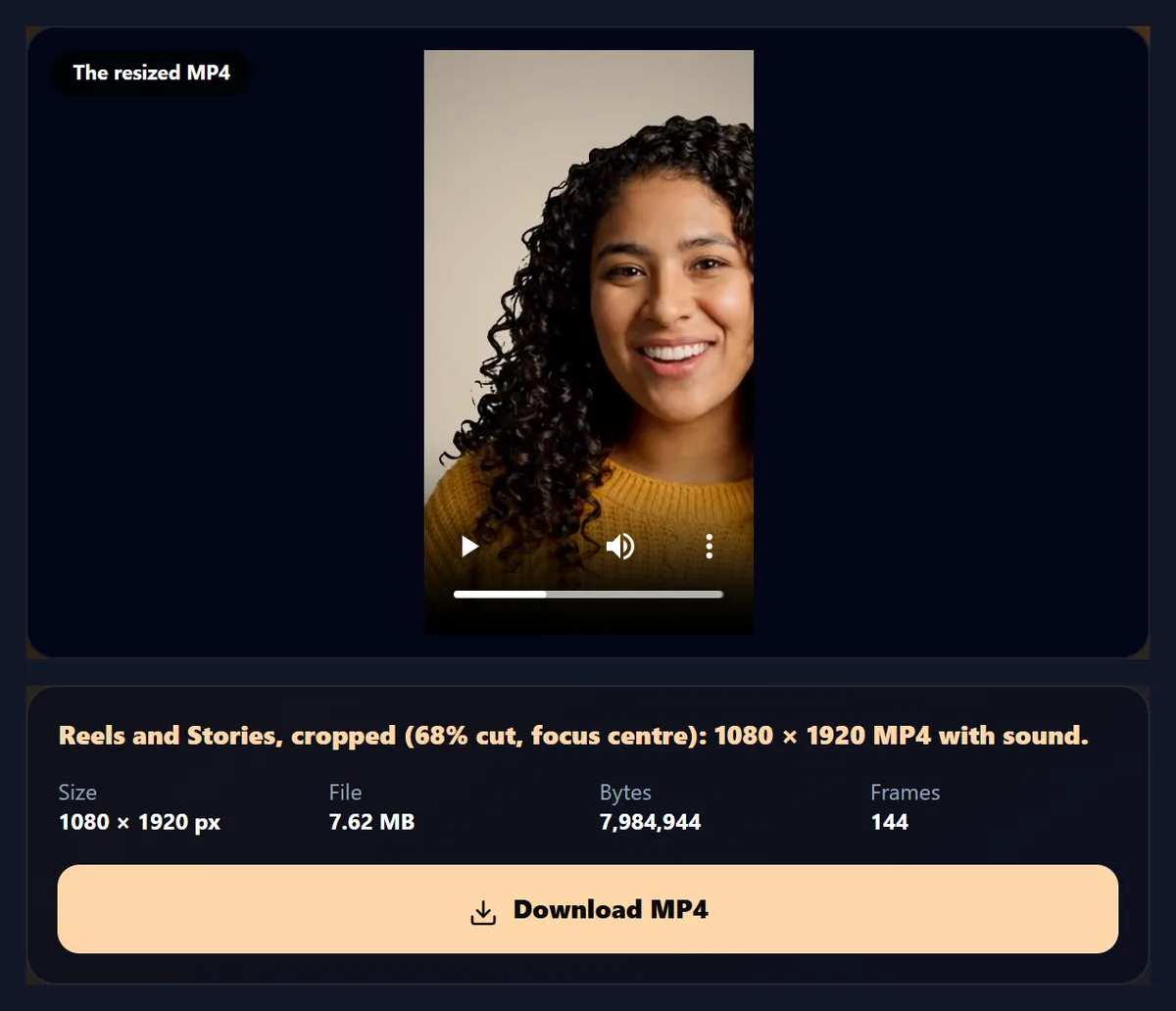 The resize tool with the sample resized to a 1080 by 1920 Reel: the woman framed tall in the middle, and the MP4’s details