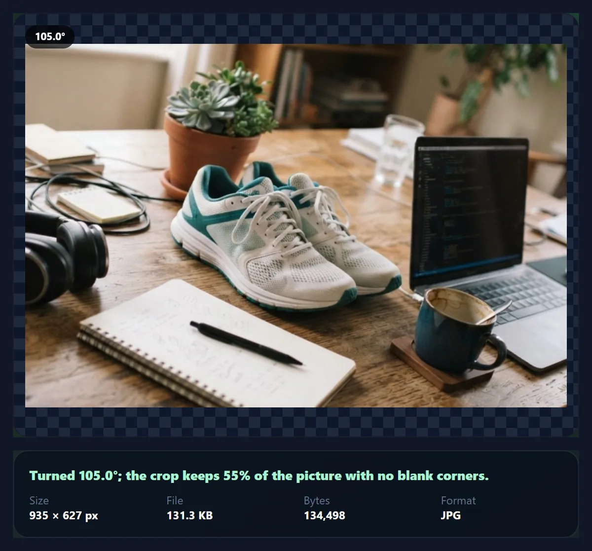 The same rotated product photo cropped so there are no blank corners