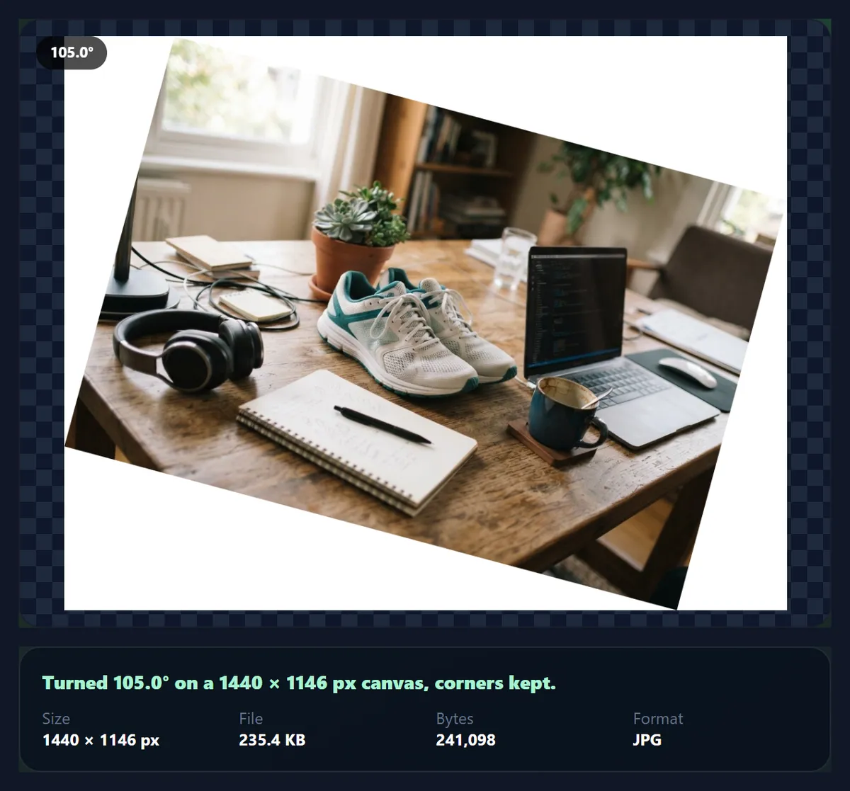A product photo turned upright and then 15 degrees further on a larger white canvas