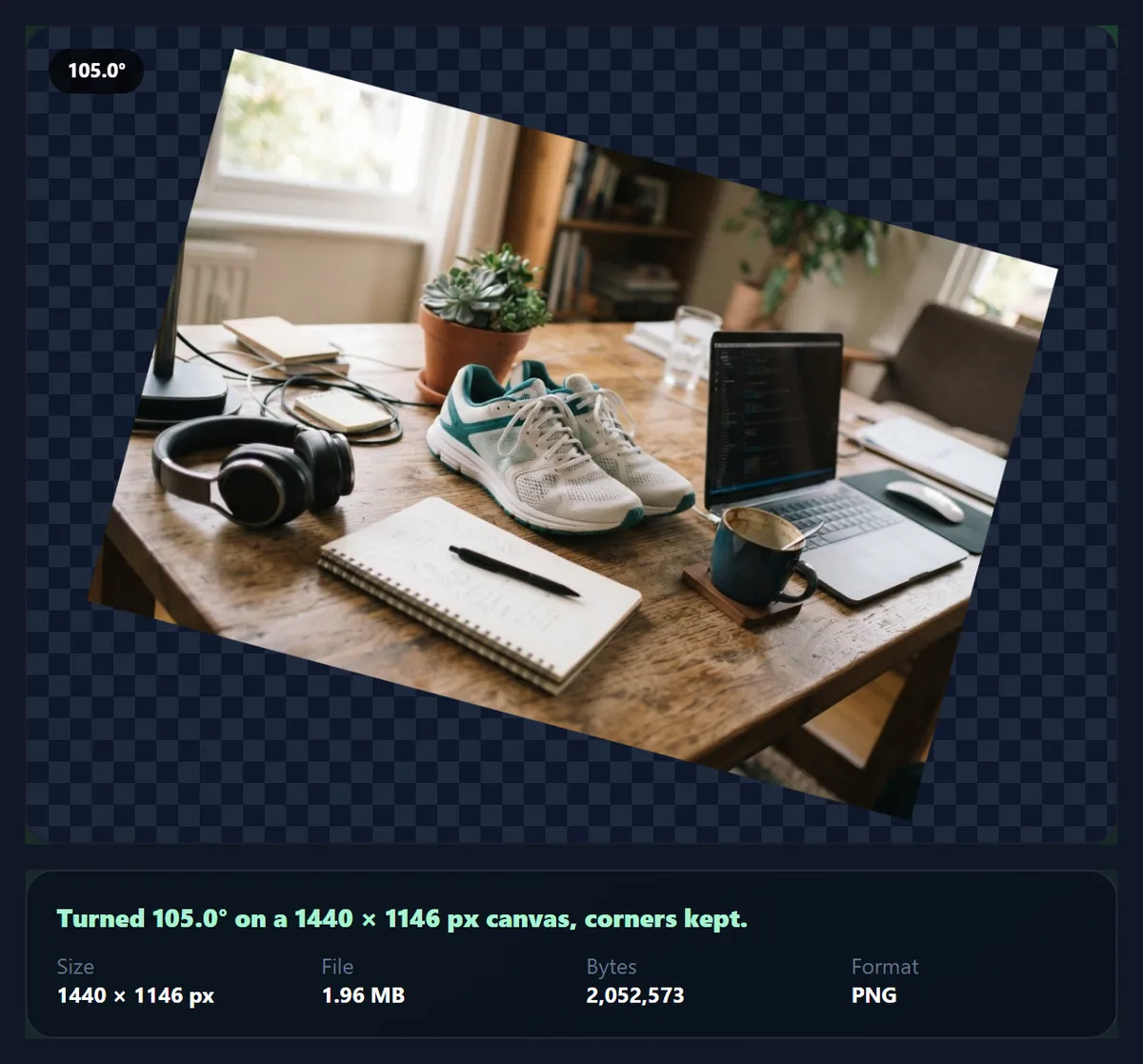 A rotated product photo with transparent corners saved as PNG