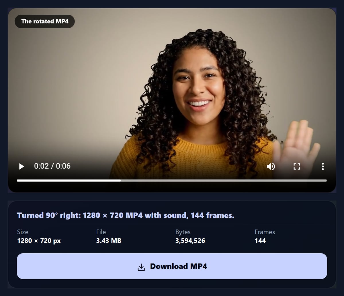 The rotate video tool with the rotated MP4 of the sample, now upright, and its details: 1280 by 720, 144 frames