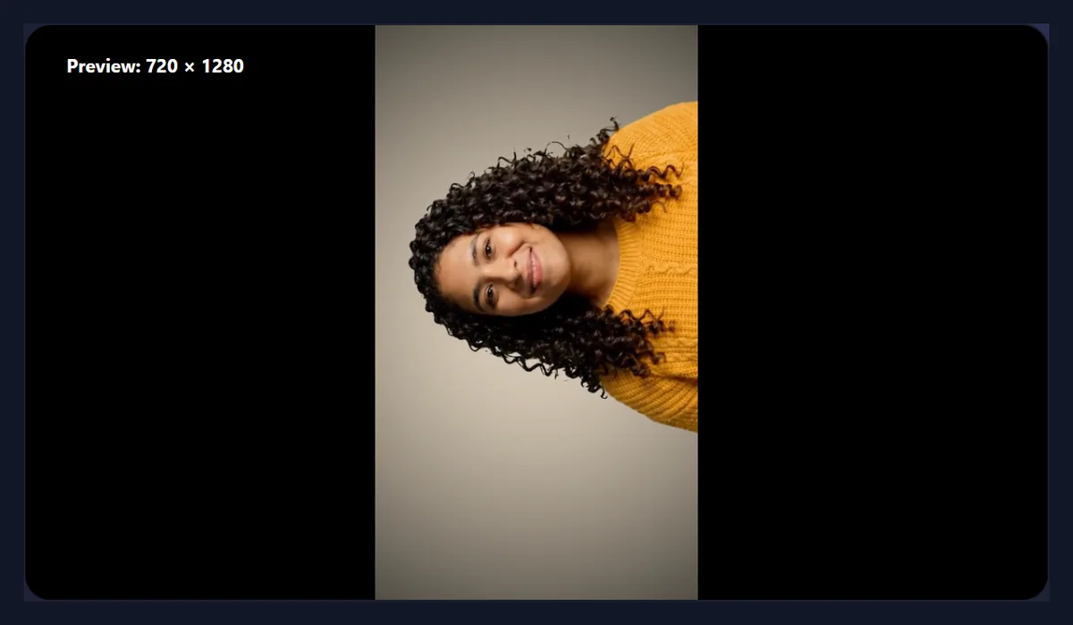 The rotate video tool with the sample open as it was saved: a woman in a yellow jumper lying on her side across the frame