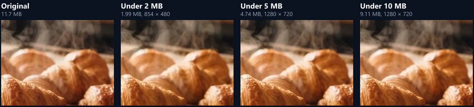 The same detail of one frame from the original and from the versions made to fit 10, 5 and 2 MB