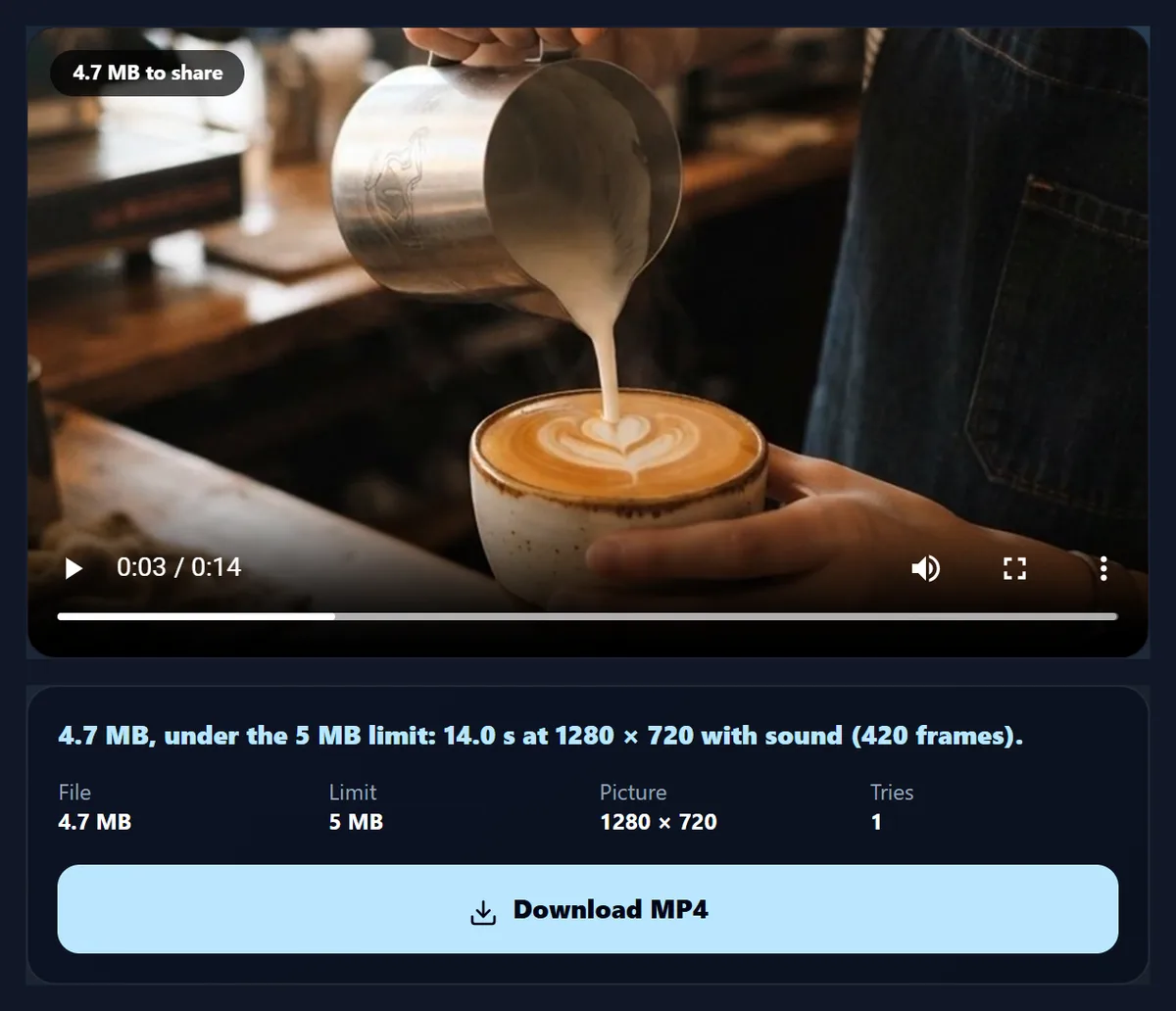 The version made to fit 5 MB playing in the tool, with its size, the limit, the picture size and how many tries it took