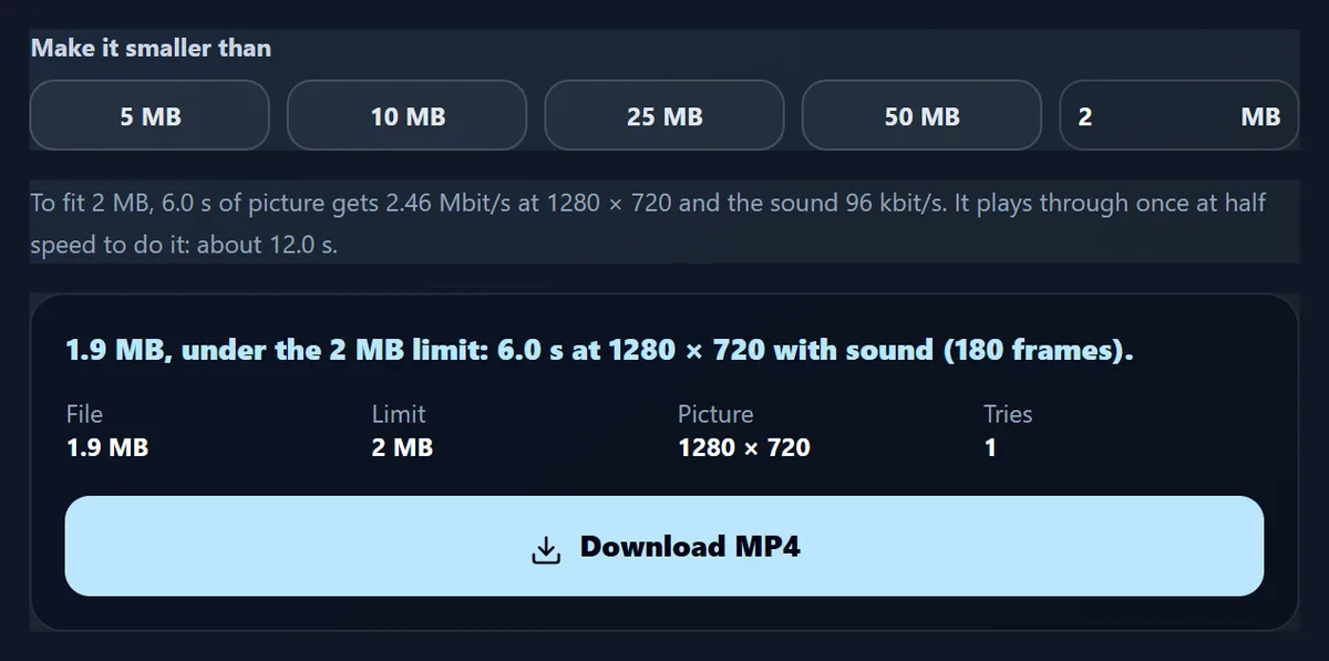The tool set to share seconds 4 to 10 of the video under 2 MB, with the plan and the result