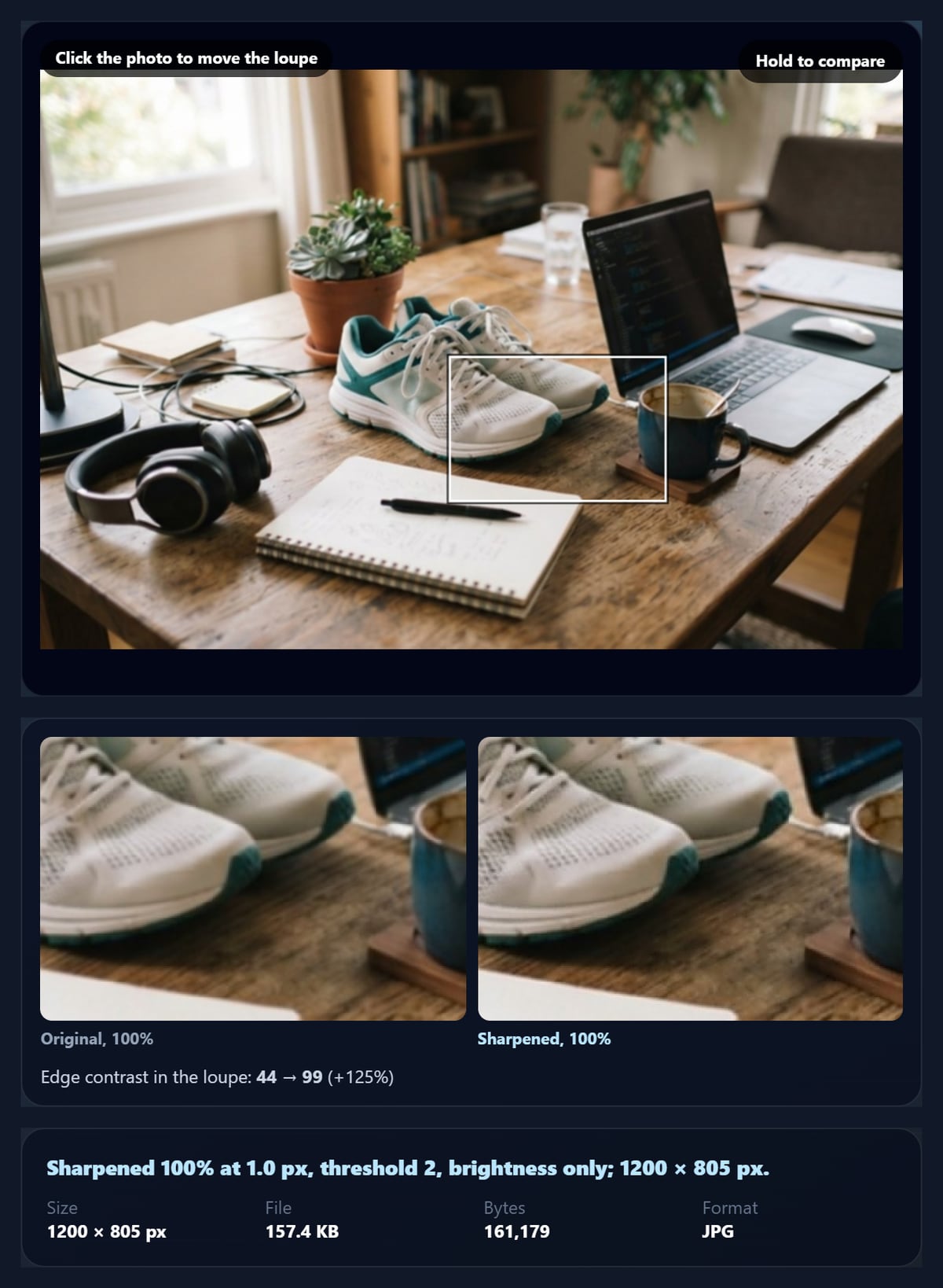 The sharpen tool with a 100% loupe of a soft desk photo before and after