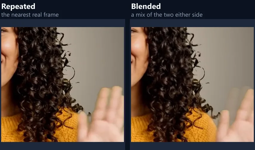 The waving hand at a quarter speed, the same moment with a repeated frame, sharp, and a blended frame, softly doubled