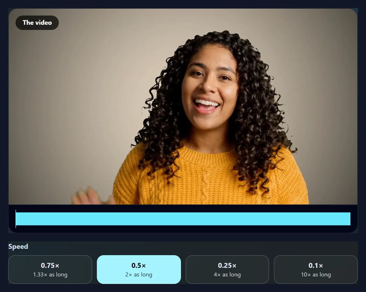 The slow motion tool’s speed choices, 0.75, 0.5, 0.25 and 0.1 times, each showing how many times longer the video becomes