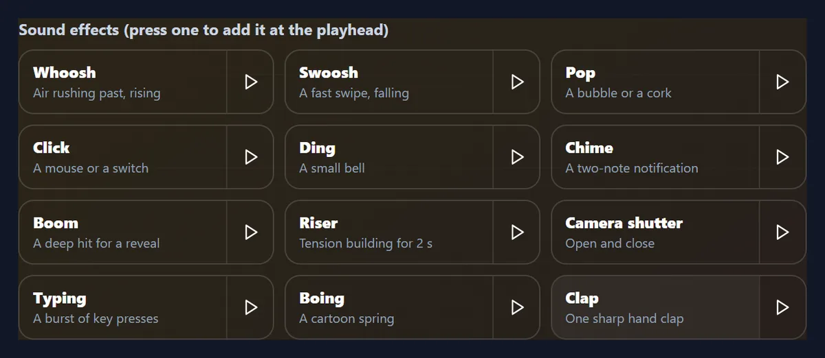 The twelve sound effects as buttons, from Whoosh to Clap, each with a short description and a play button