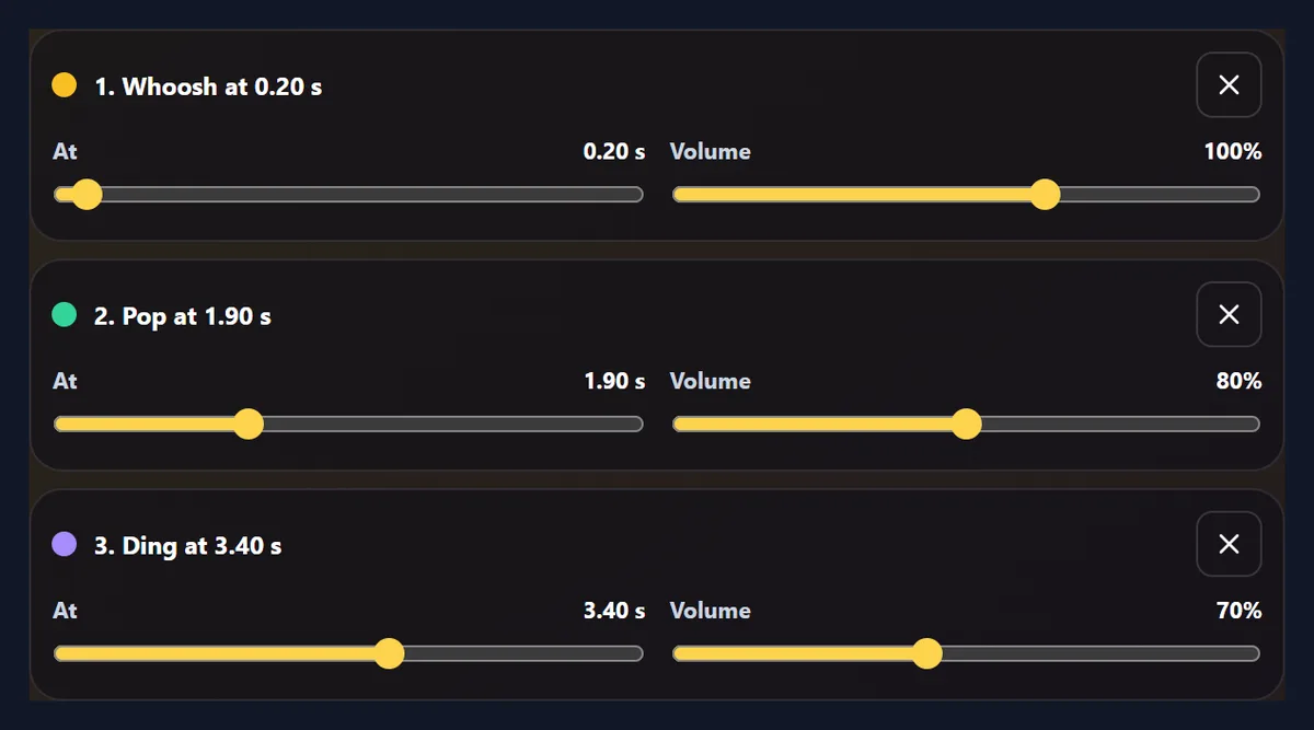 The list of placed effects: a whoosh at 0.20 seconds, a pop at 1.90 seconds and a ding at 3.40 seconds, each with timing and volume sliders