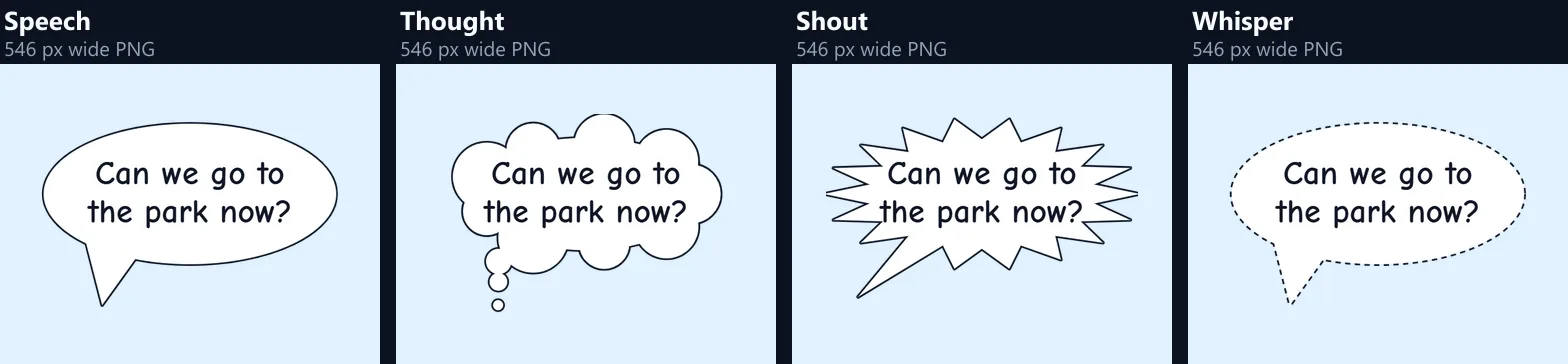 Four bubbles with the same text: an oval speech bubble, a cloud-shaped thought bubble, a spiky shout bubble and a dashed whisper bubble