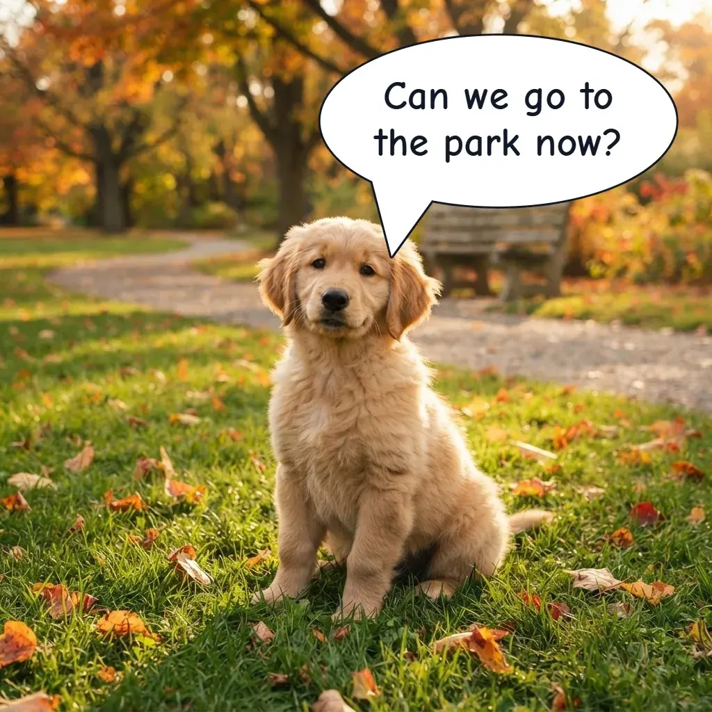 The downloaded photo: a golden retriever puppy on autumn leaves with a speech bubble asking Can we go to the park now