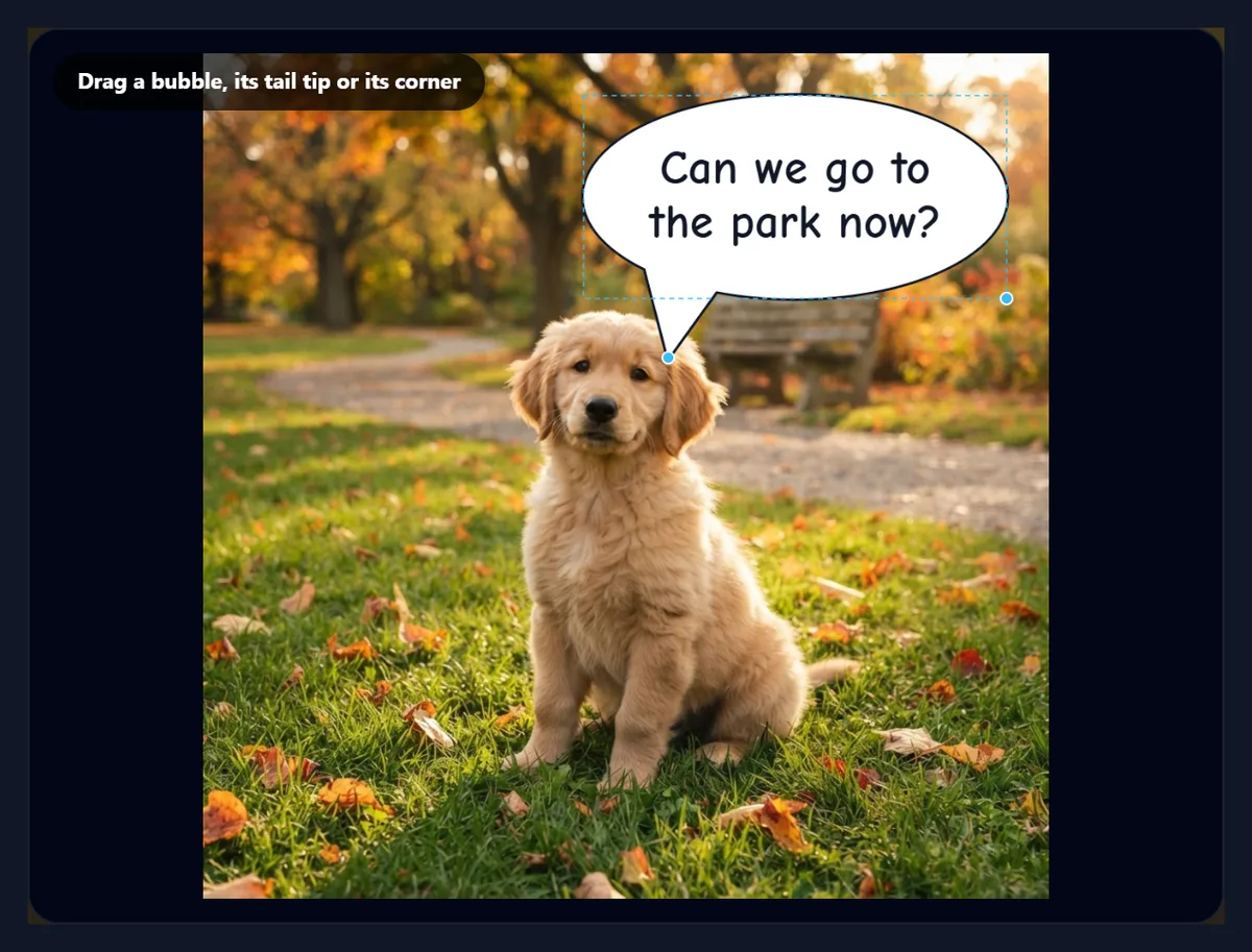 A golden retriever puppy on autumn grass with a speech bubble saying Can we go to the park now, its tail pointing at the puppy