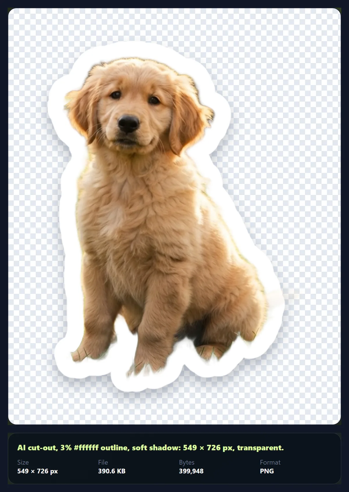 A golden retriever puppy cut out of a grass background, with a white die-cut outline and a soft shadow