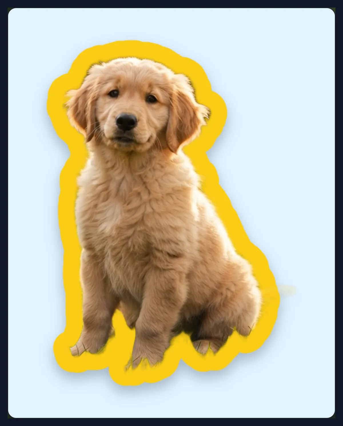 The puppy sticker with a yellow outline previewed on a light blue background