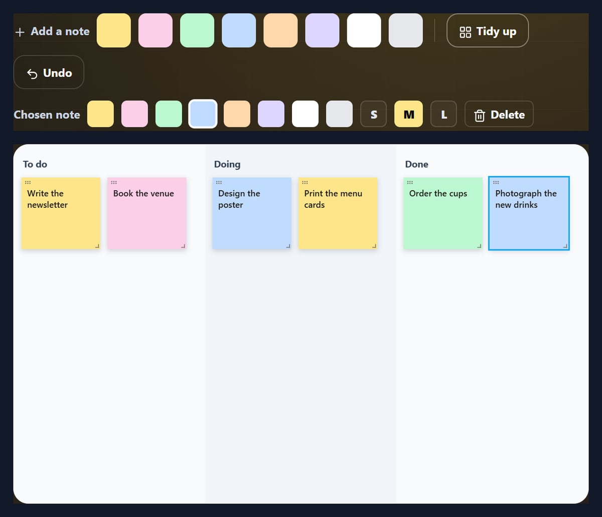 A sticky note board with To do, Doing and Done columns and six coloured notes
