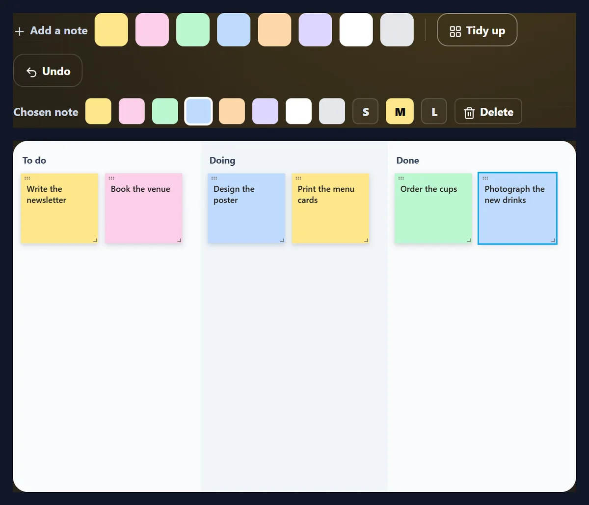 A sticky note board with To do, Doing and Done columns and six notes, under a row of eight note colours, Tidy up and Undo buttons, and the chosen note’s colour and text size controls