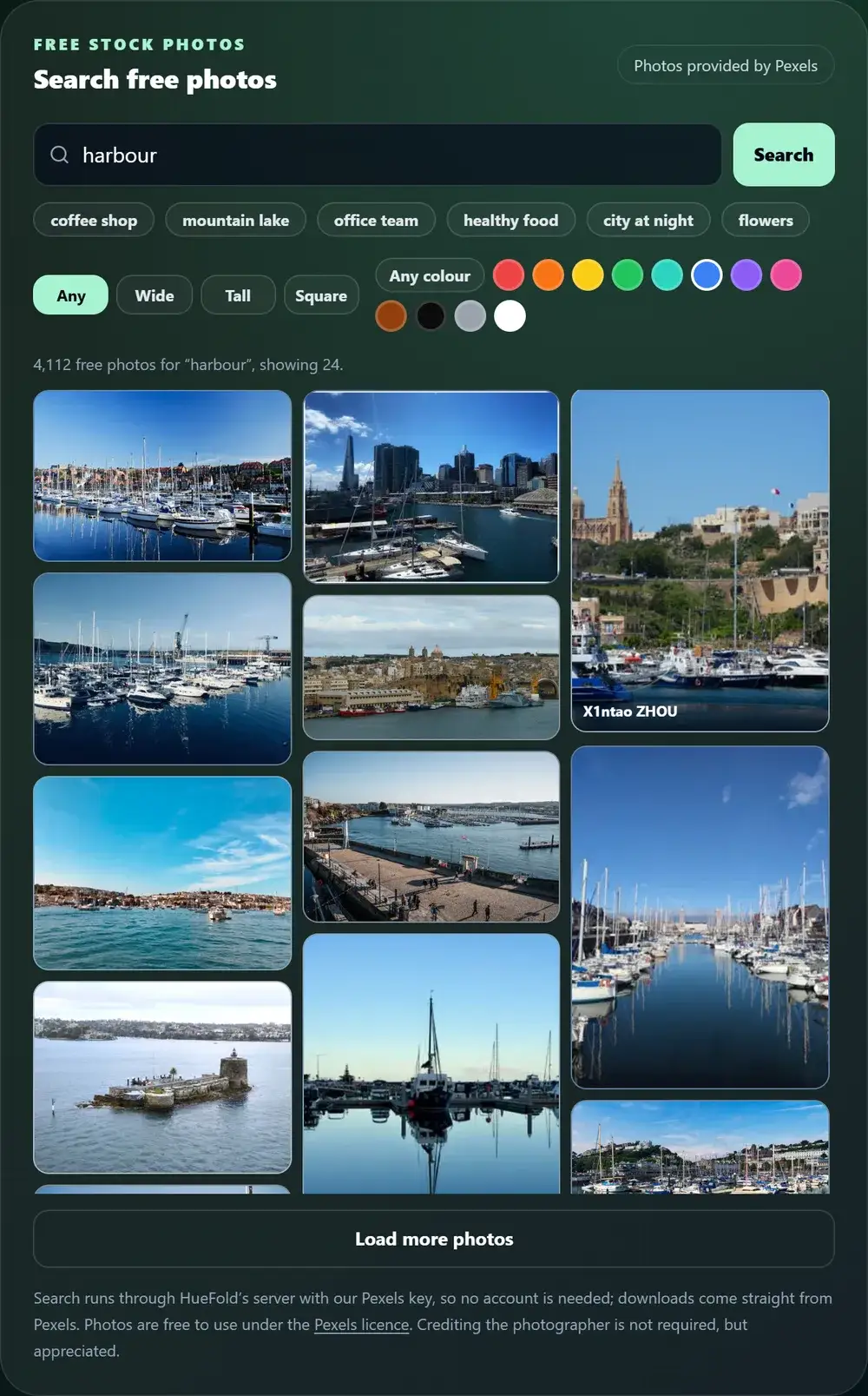 Harbour search results filtered to mostly blue photos