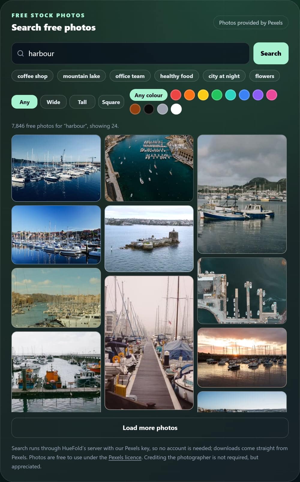The free stock photo search showing harbour photos from Pexels with orientation and colour filters