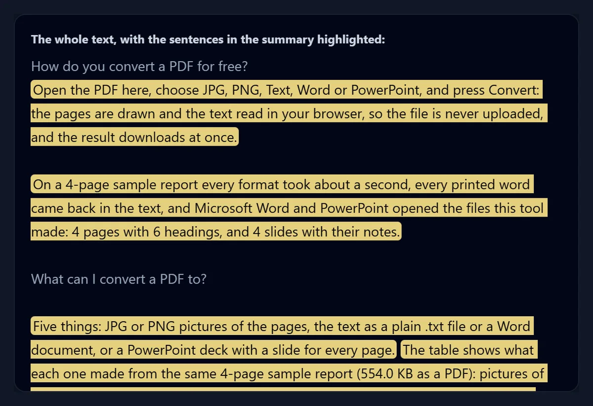 The whole sample text with the summary’s sentences highlighted in yellow: the opening answer, the sentence about the sample report and the description of the five formats, between plain headings