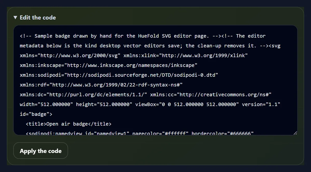 The code view of the SVG editor showing the badge’s SVG source