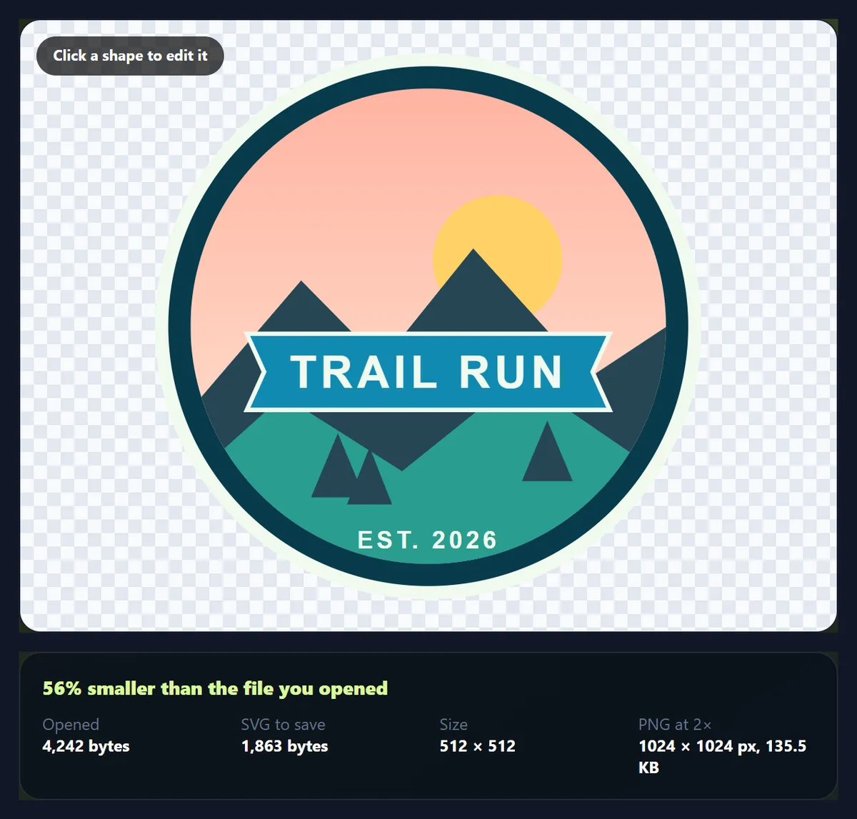 The SVG editor after recolouring the badge, with its colour list and file sizes
