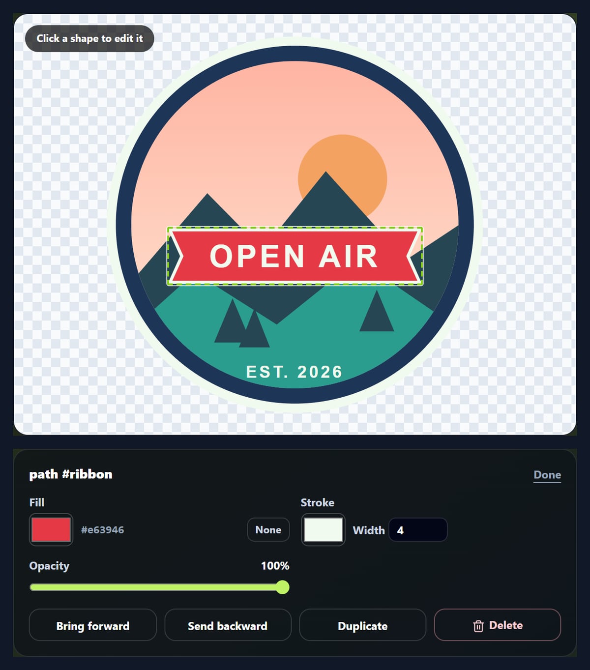 The SVG editor with a badge’s ribbon selected for editing