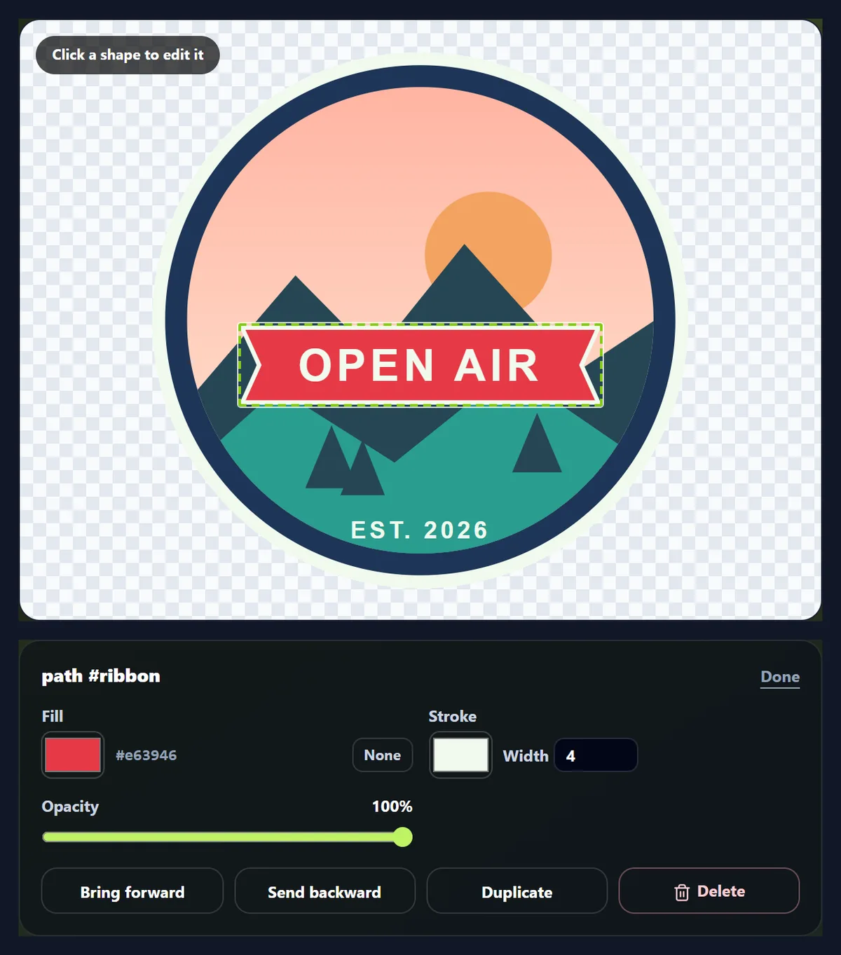 The SVG editor with the ribbon of a badge selected and its fill, stroke and opacity controls shown