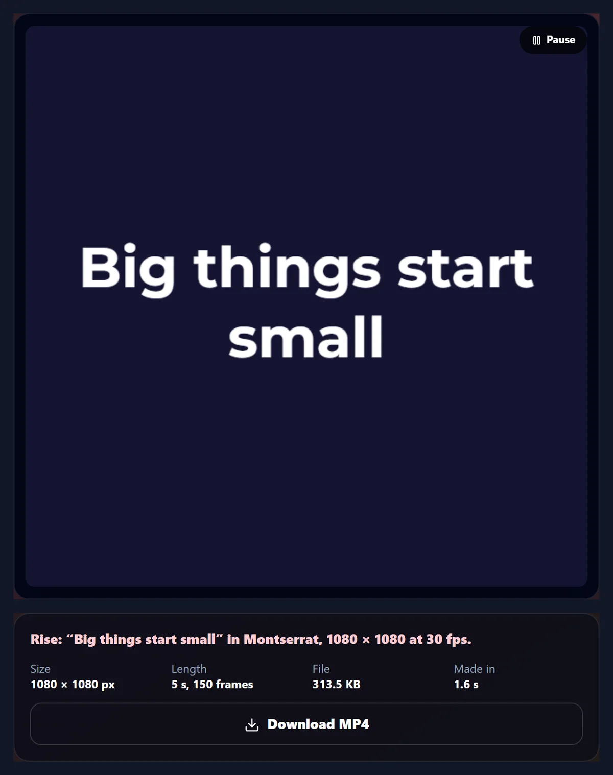 The tool after making the video, with its size, length, file size and time to make