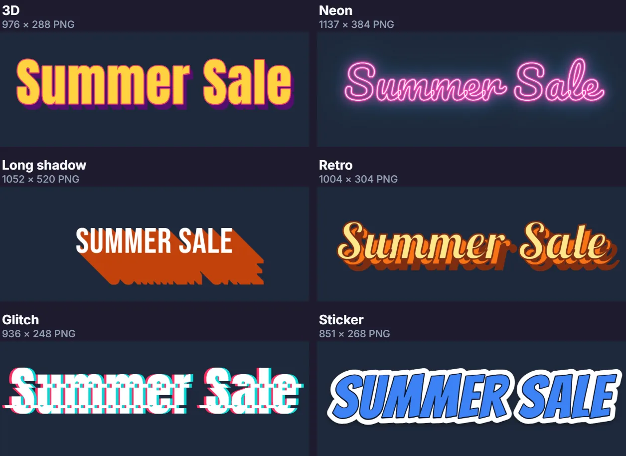 Six text effects on Summer Sale: 3D yellow letters with pink and purple depth, pink neon, a long orange shadow, retro layers, a red and cyan glitch and a blue sticker
