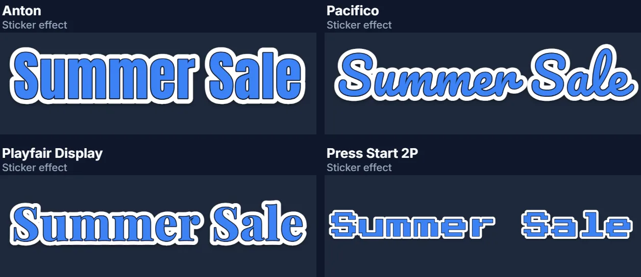 The words Summer Sale as a blue sticker with a white edge in four fonts: Anton, Pacifico, Playfair Display and Press Start 2P