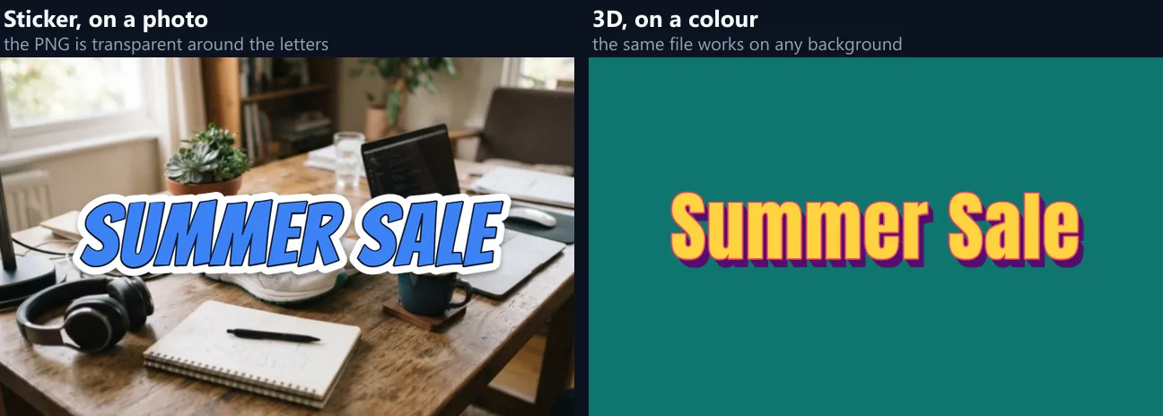The Sticker text effect placed over a photo of a desk, and the 3D effect over a teal background