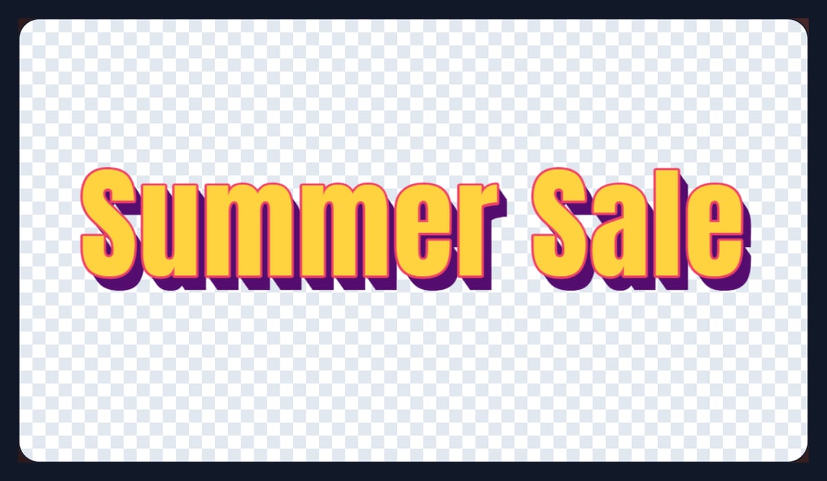 The text effects tool showing Summer Sale as yellow 3D letters with a pink outline and purple depth on a transparent background
