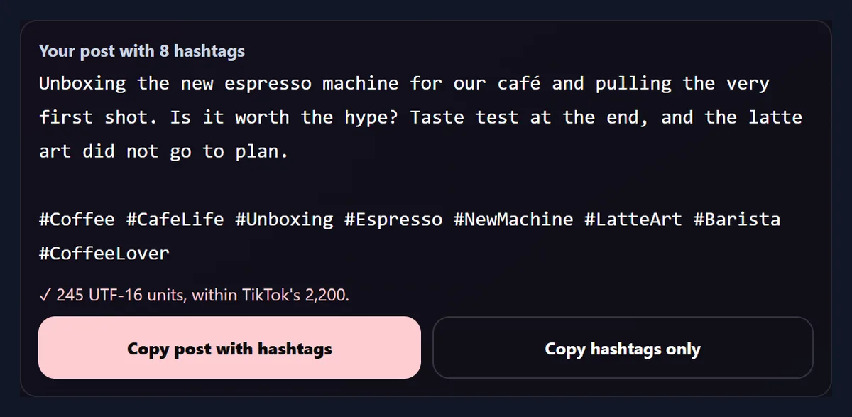 The café caption with eight of the ten AI hashtags added after a blank line, #TasteTest and #FirstShot left out, the check reading 245 UTF-16 units, within TikTok's 2,200, and the two copy buttons