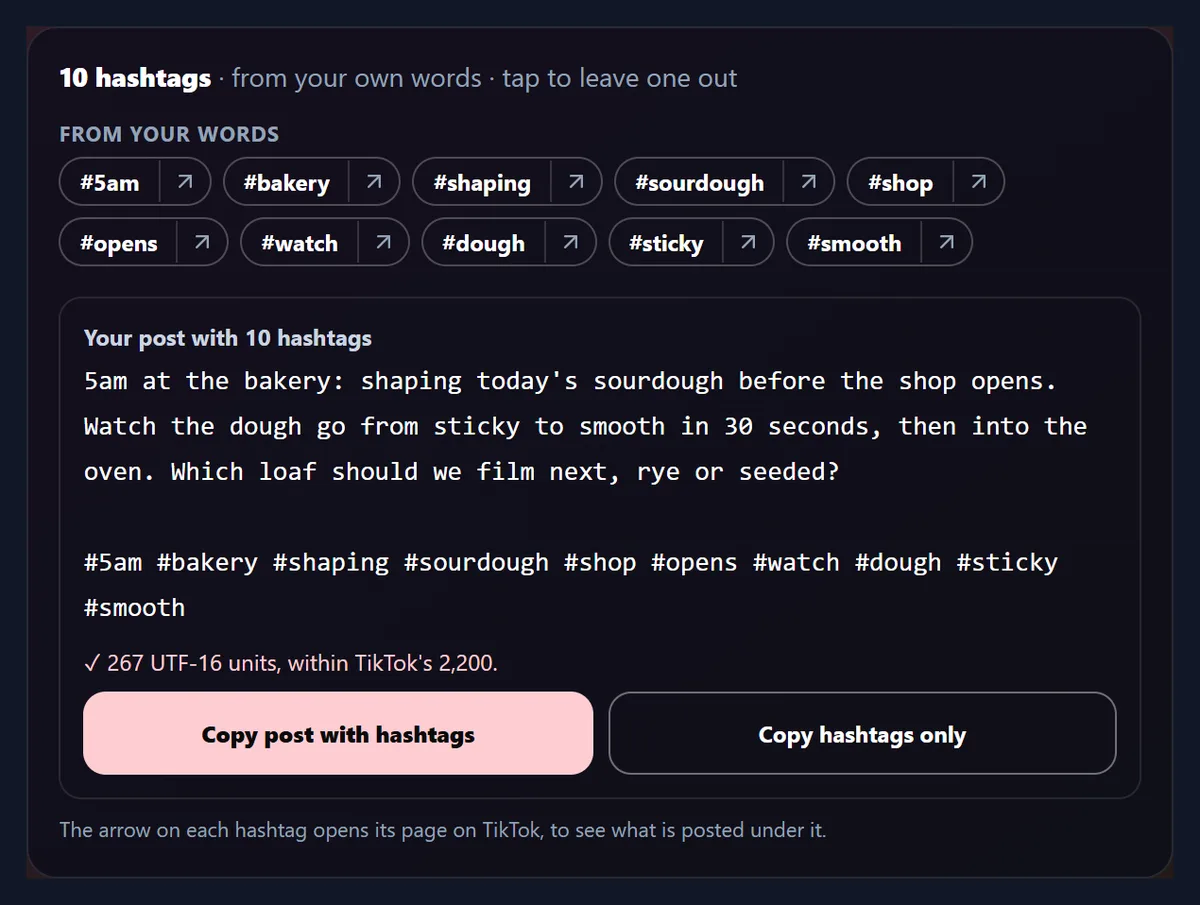 Ten hashtags from the baking caption's own words, made without AI: #5am #bakery #shaping #sourdough #shop #opens #watch #dough #sticky #smooth, and the caption with them added, 267 UTF-16 units