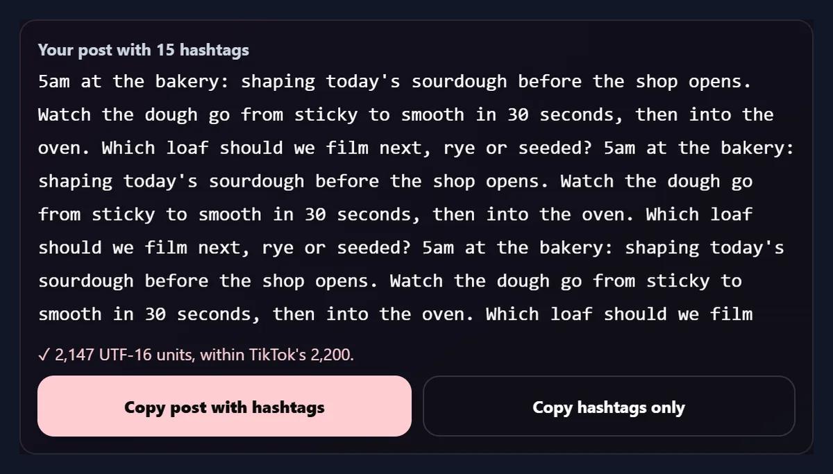 The caption box filled to 2,000 characters by repeating the baking caption, with 15 hashtags from its words added, and the check reading 2,147 UTF-16 units, within TikTok's 2,200