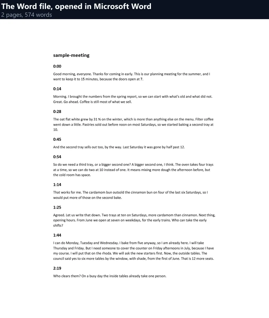 The transcript saved as a Word file and opened in Microsoft Word: the title sample-meeting, then each paragraph under its time as a heading, 0:00, 0:14, 0:28