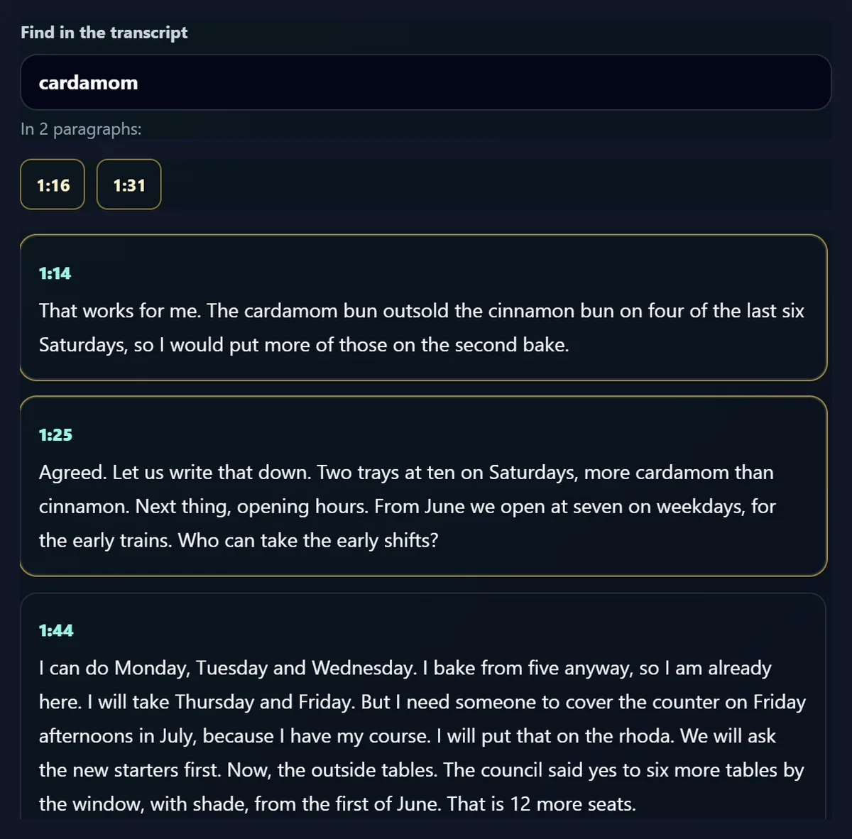 The search box with cardamom typed in, In 2 paragraphs, two time buttons, 1:16 and 1:31, and the transcript scrolled to the paragraphs starting at 1:14 and 1:25 that mention it, outlined in amber