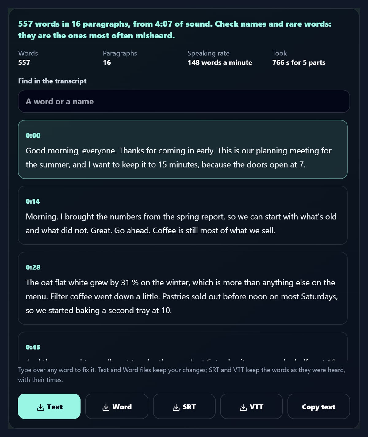A 4-minute meeting transcribed into timed paragraphs